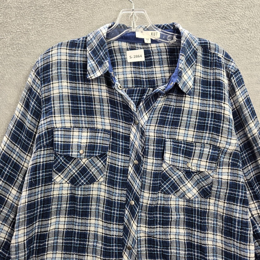 KUT Women Top Large Blue Tartan Plaid Snap Button Up Pockets Long Sleeve READ - Picture 3 of 11